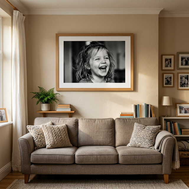 Un portrait d'enfant encadré dans un salon familial