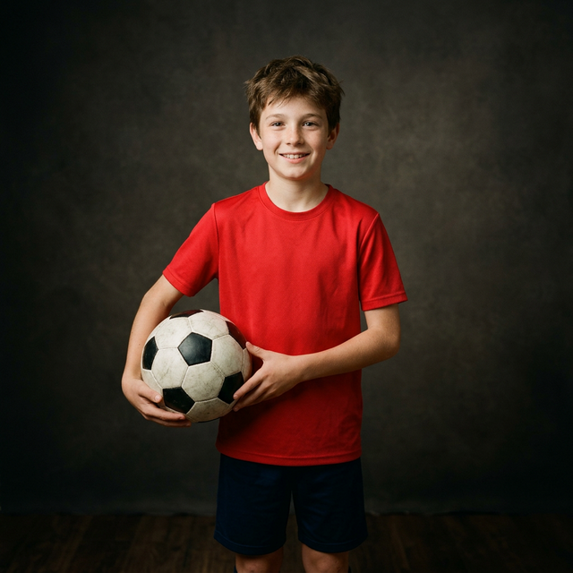 Portrait studio d'un jeune footballeur en tenue de club local, qualité studio professionnel