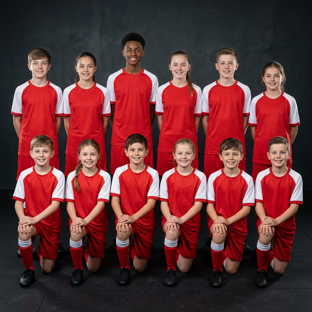Photo d'équipe de footballeurs jeunes, éclairage professionnel